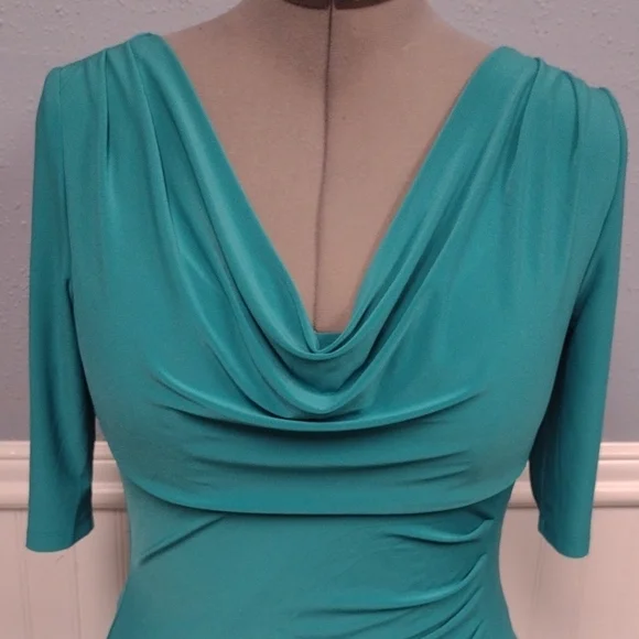 Lauren Ralph Lauren Asymmetrical Ruched Cowl Neck Dress in Blue Green - Picture 8 of 15